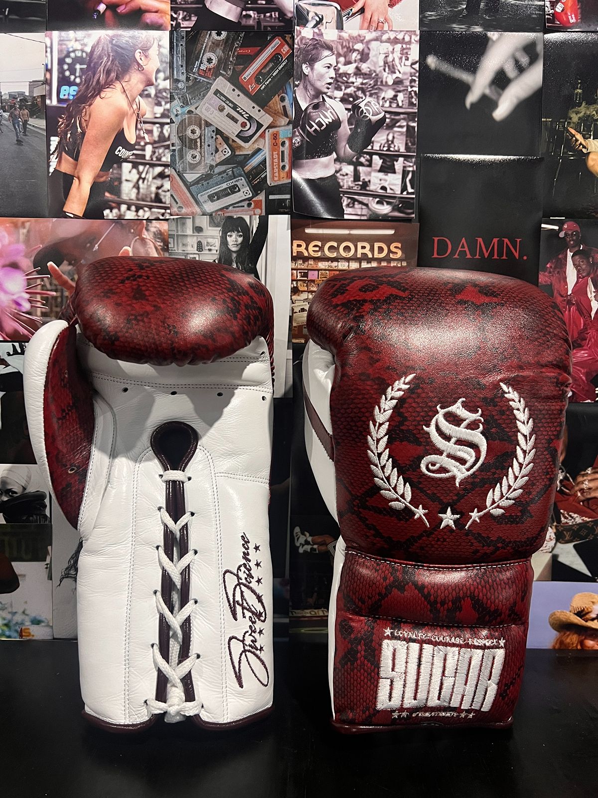 Red Snakeskin 16Oz Lace-Up Sparring Gloves