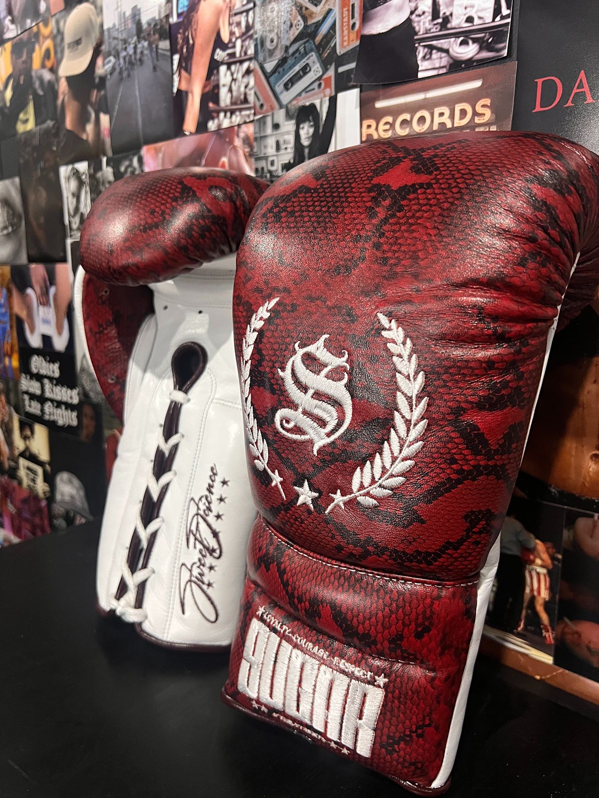 Red Snakeskin 16Oz Lace-Up Sparring Gloves