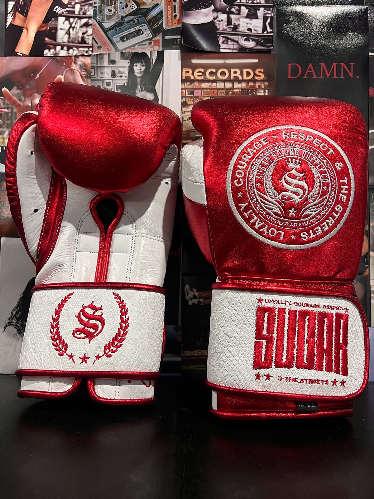 Metallic Red and White Snakeskin 12Oz Velcro Boxing Gloves