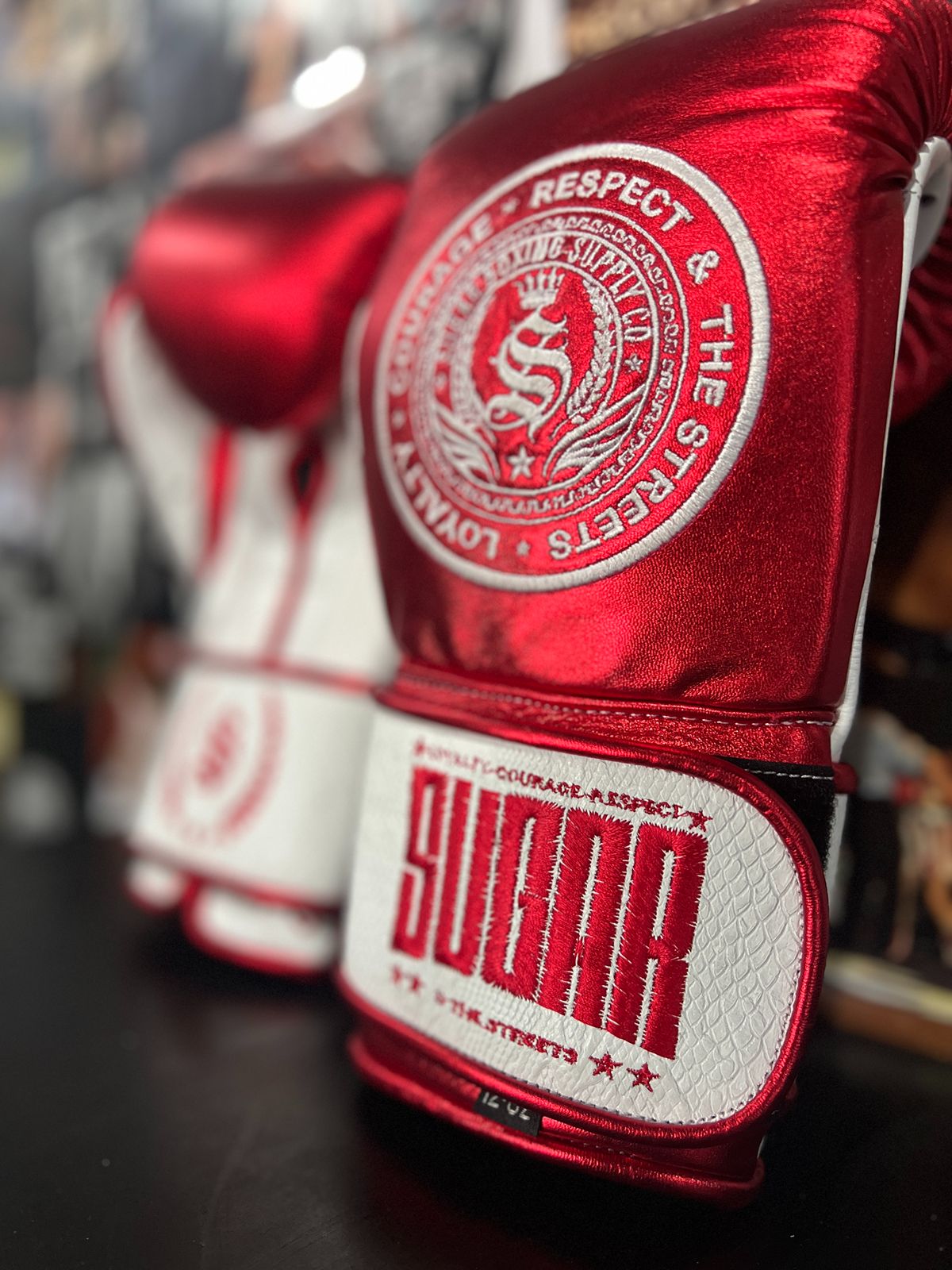 Metallic Red and White Snakeskin 12Oz Velcro Boxing Gloves