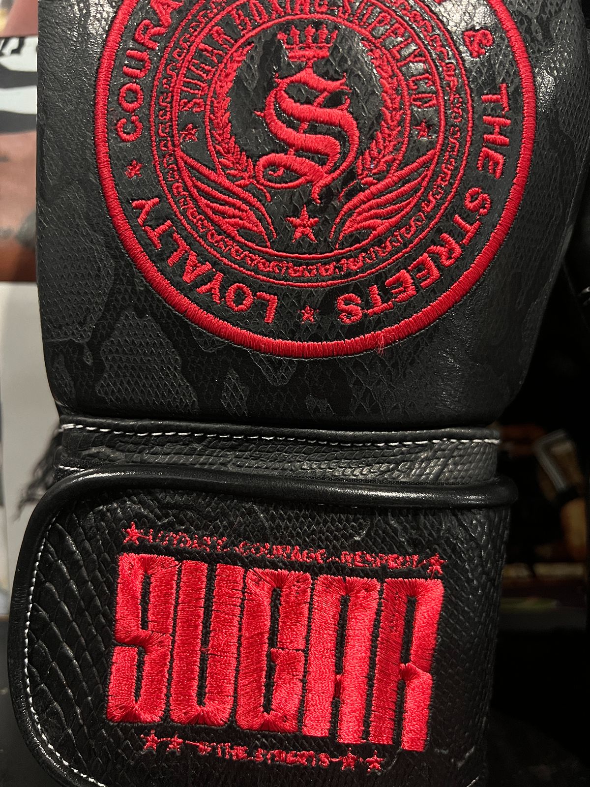 Black Snakeskin and Fire Red 12Oz Velcro Boxing Gloves