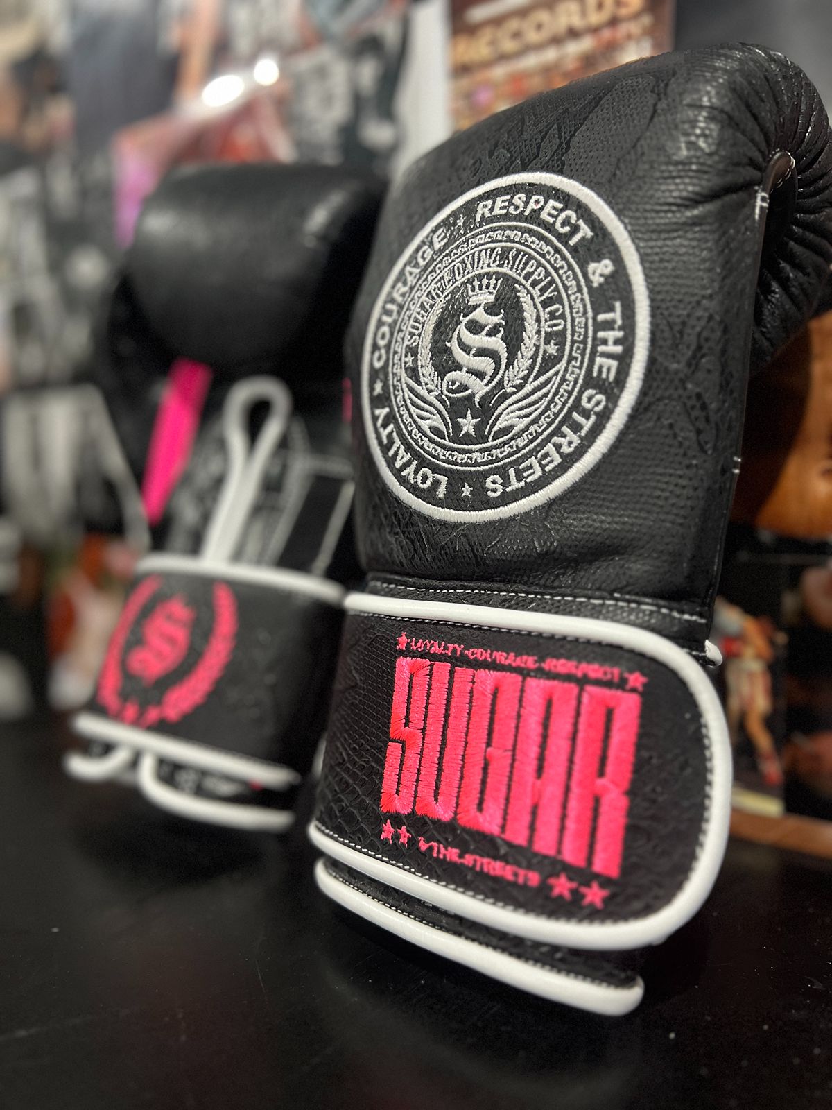 Black Snakeskin Magenta and White 12Oz Velcro Boxing Gloves
