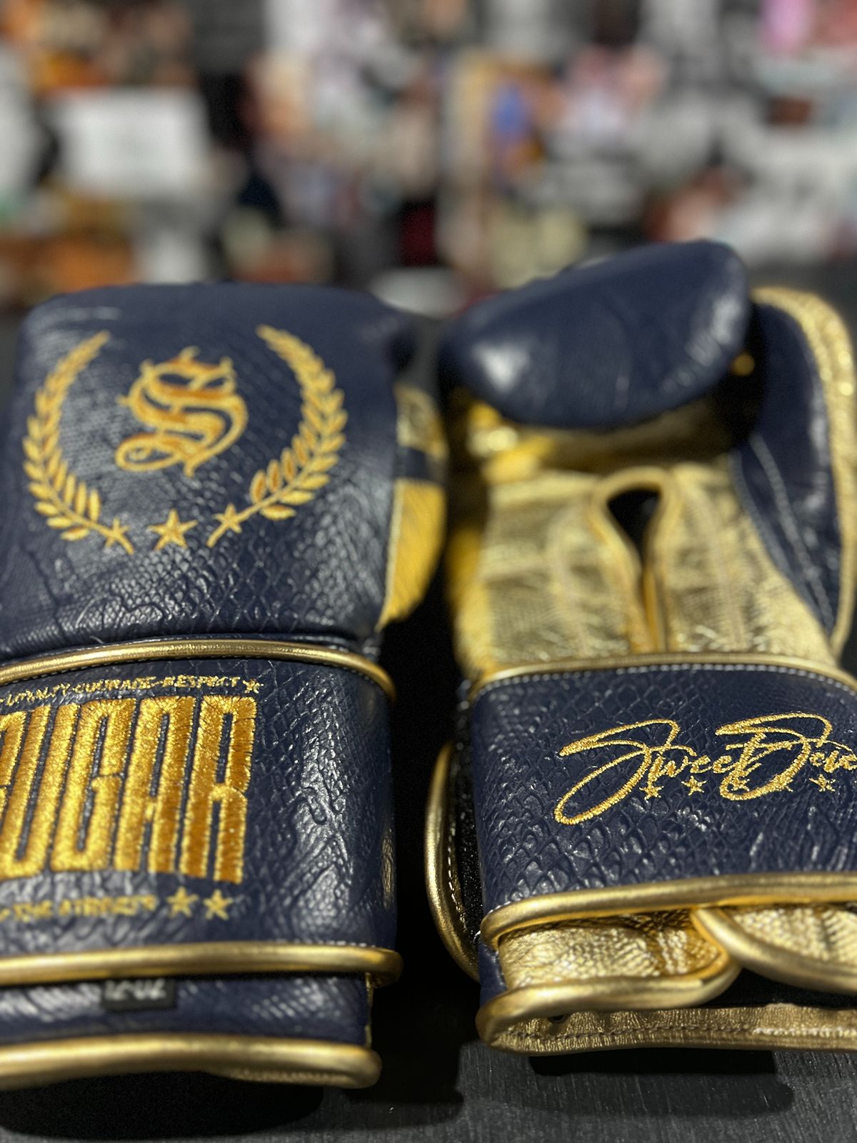 Metallic Gold and Navy Blue Snakeskin 12Oz Velcro Boxing Gloves