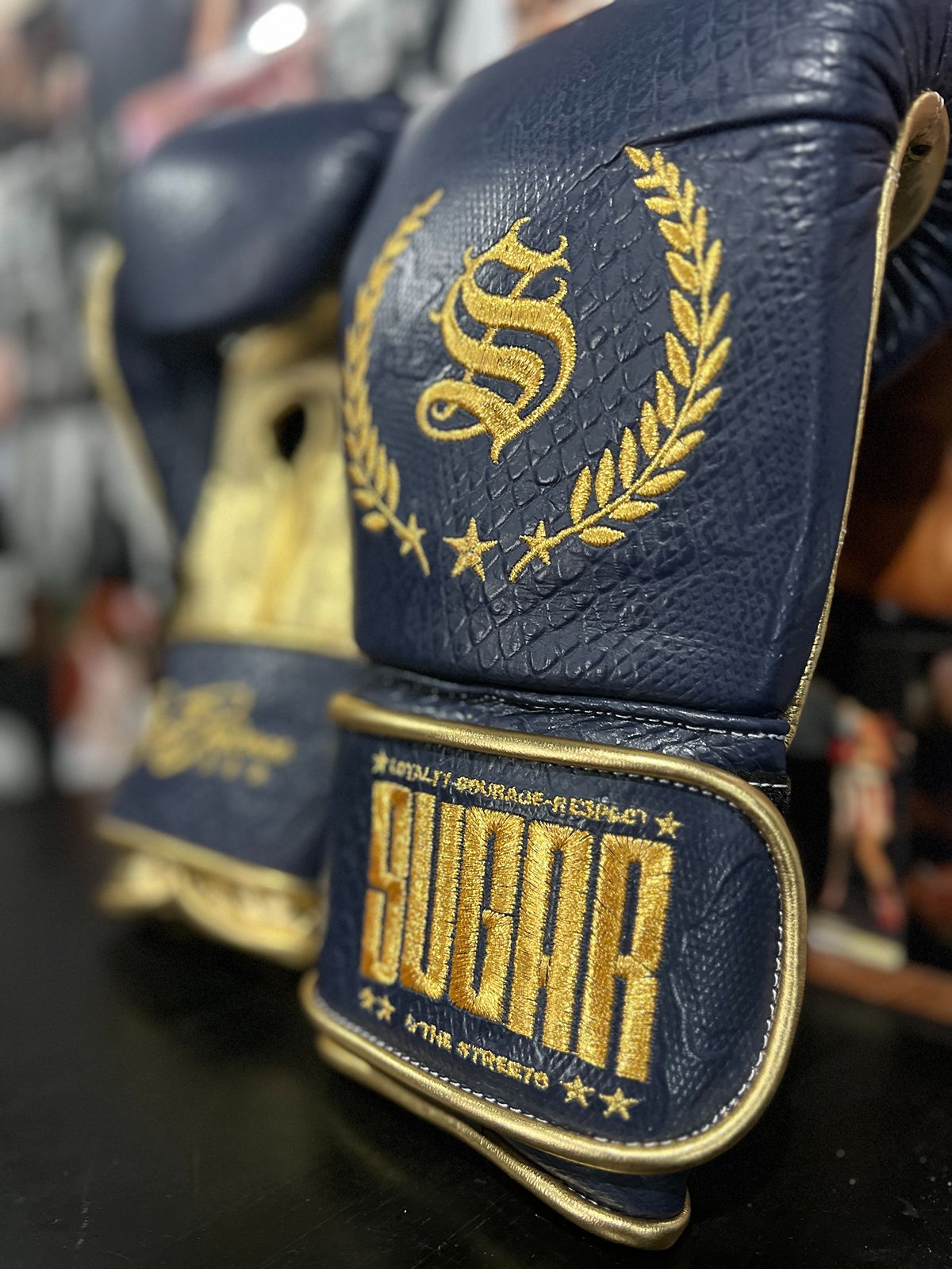 Metallic Gold and Navy Blue Snakeskin 12Oz Velcro Boxing Gloves
