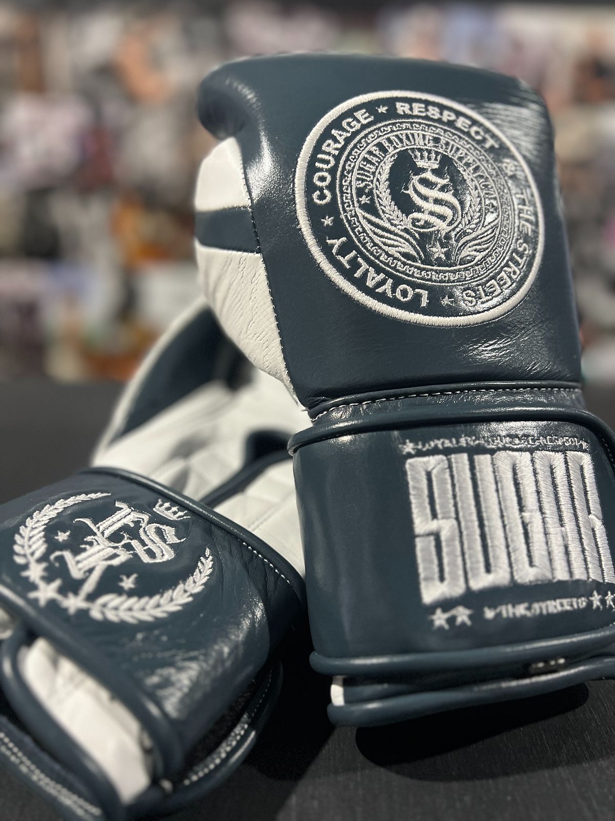 Prussian Blue and White 12Oz Velcro Boxing Gloves