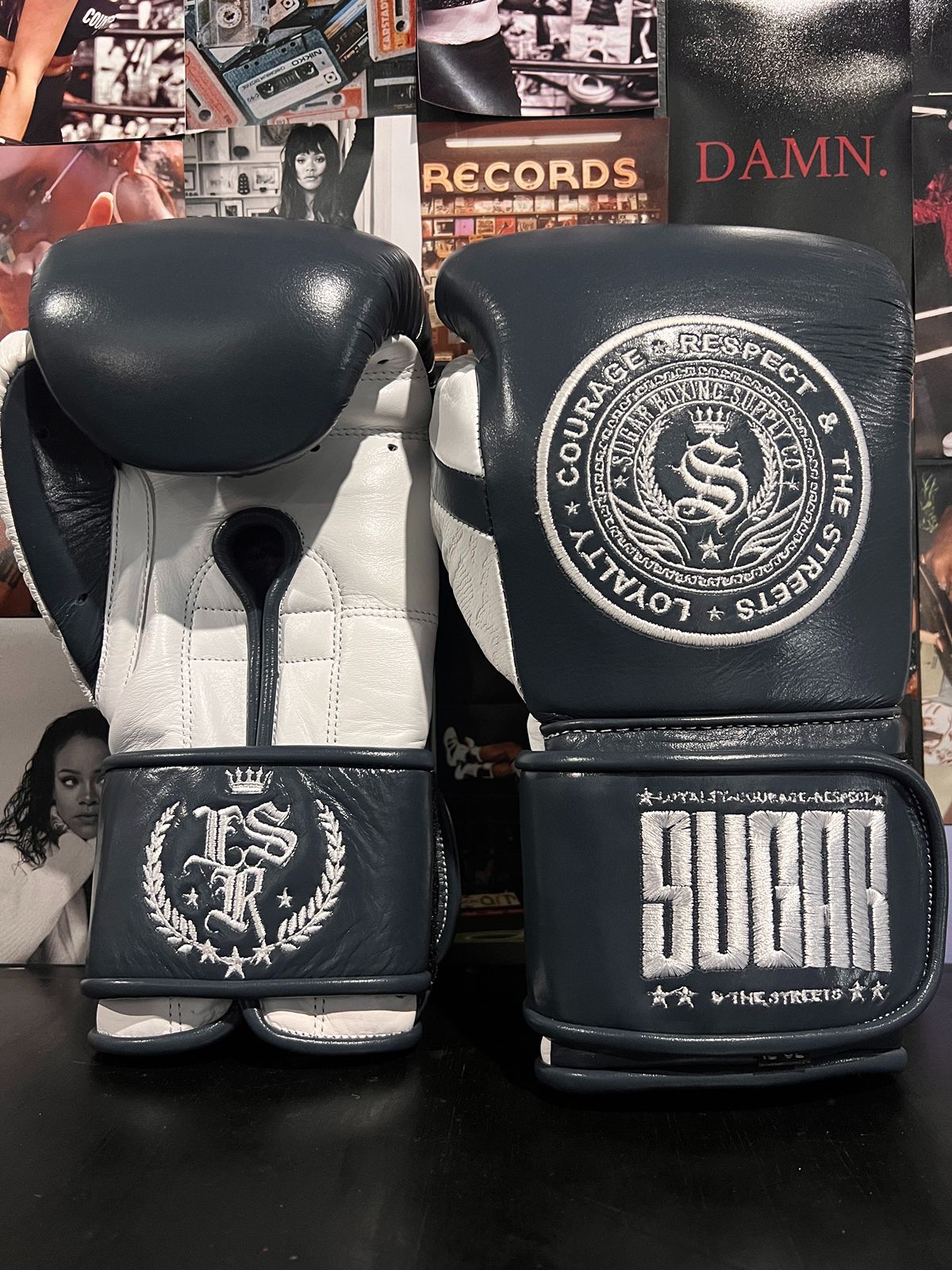Prussian Blue and White 12Oz Velcro Boxing Gloves