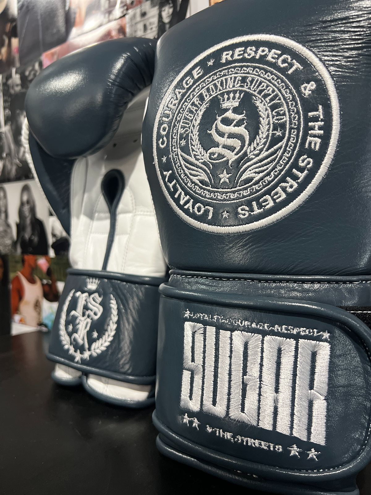 Prussian Blue and White 12Oz Velcro Boxing Gloves
