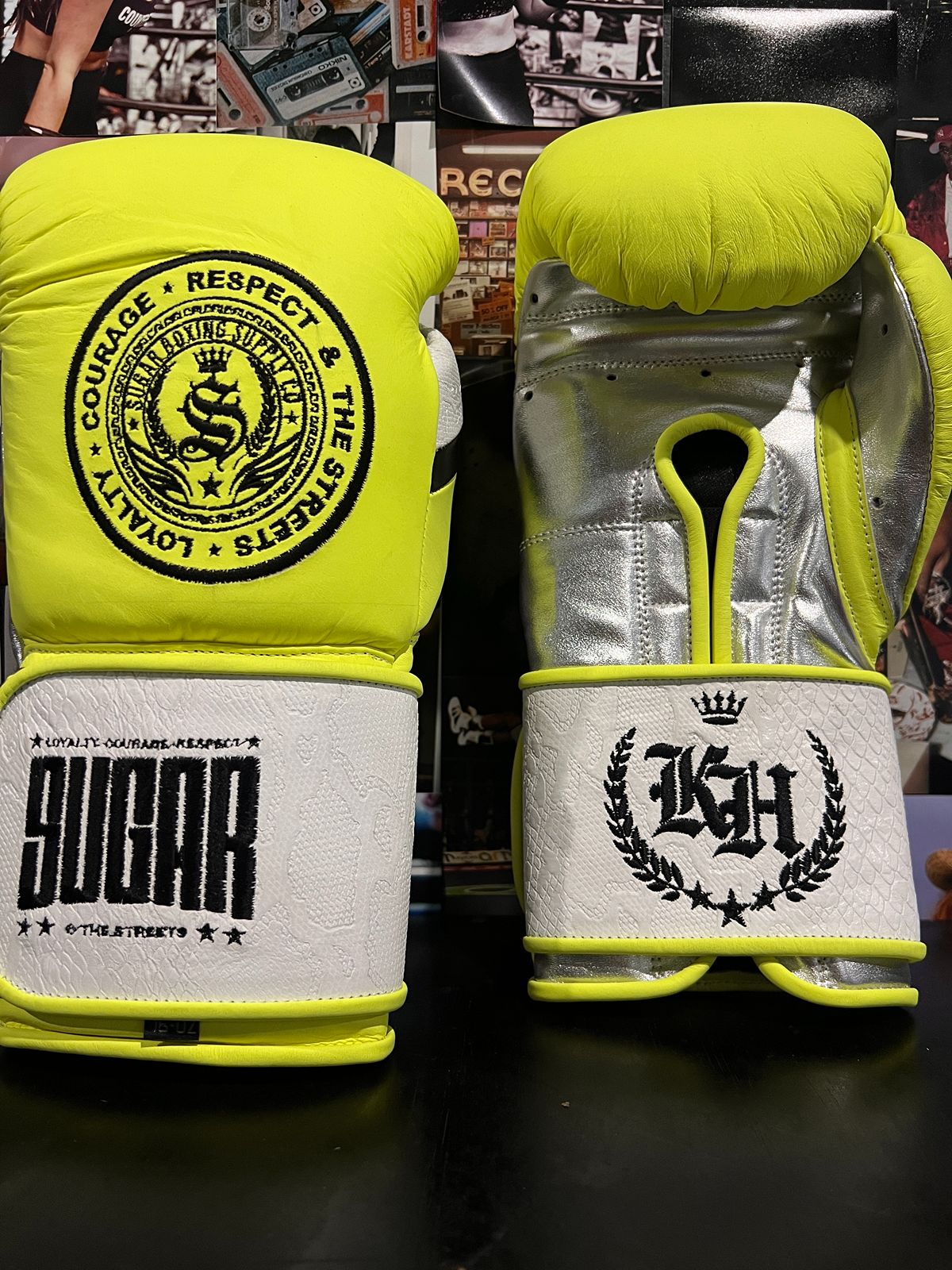 Neon Yellow Metallic Silver and Black 16Oz Velcro Sparring Gloves
