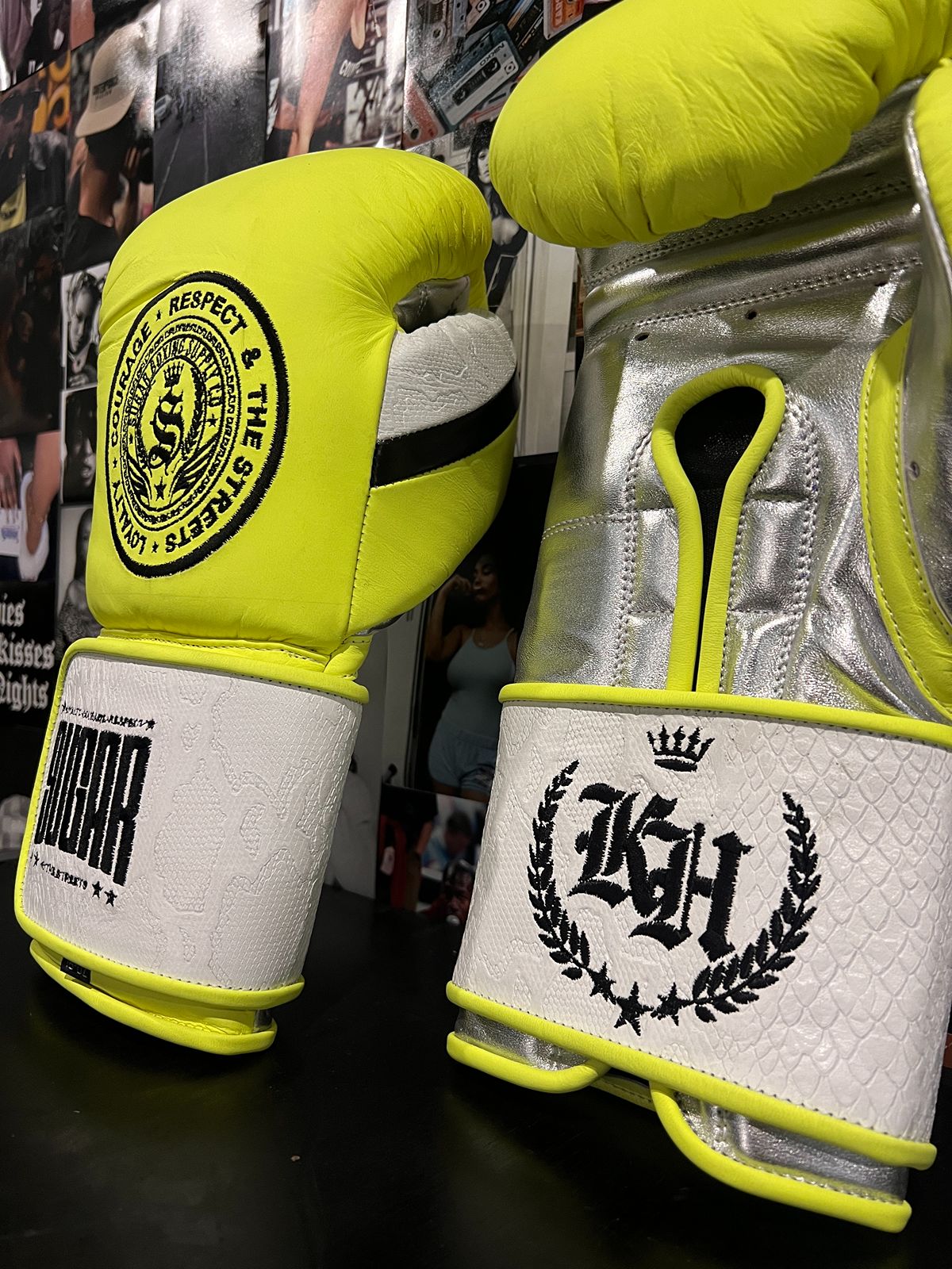 Neon Yellow Metallic Silver and Black 16Oz Velcro Sparring Gloves