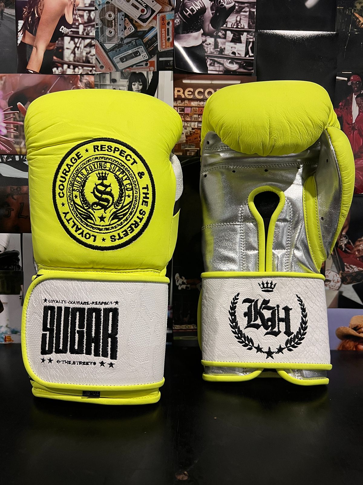 Neon Yellow Metallic Silver and Black 16Oz Velcro Sparring Gloves