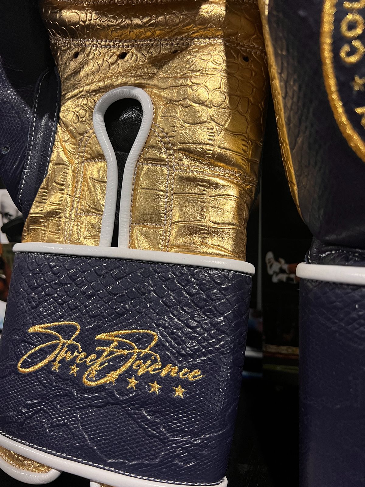 Navy Blue and Gold Snakeskin 16Oz Velcro Sparring Gloves