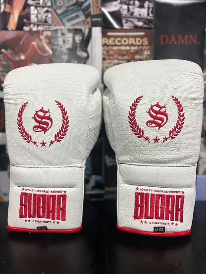 White Snakeskin 12Oz Lace-Up Boxing Gloves