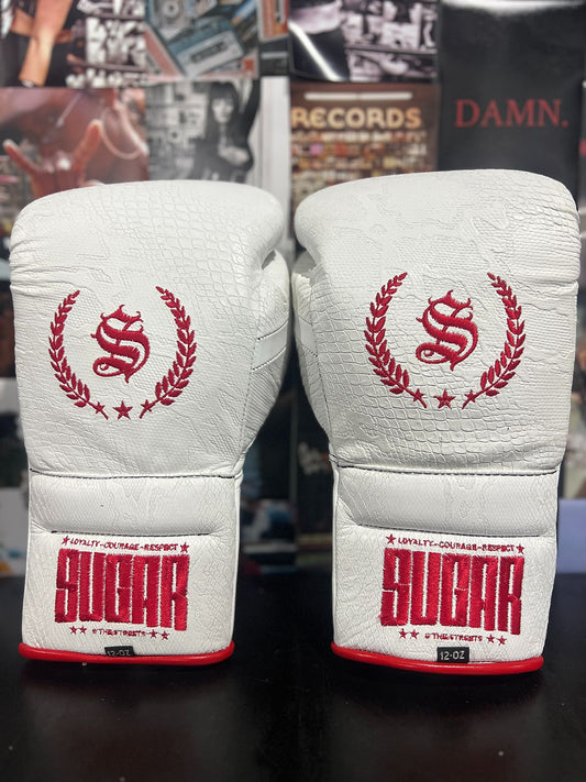 White Snakeskin 12Oz Lace-Up Boxing Gloves
