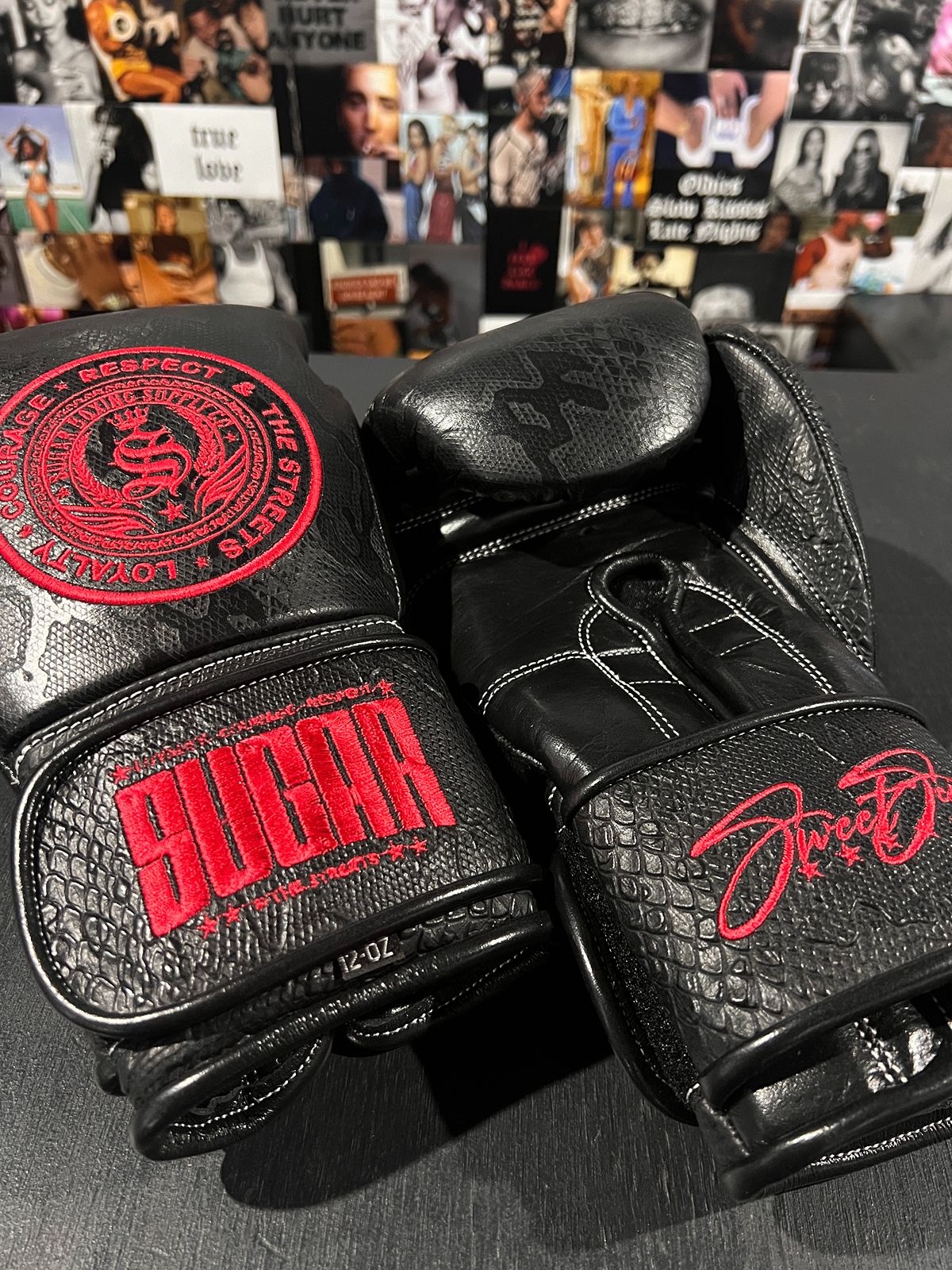 Black Snakeskin and Fire Red 12Oz Velcro Boxing Gloves