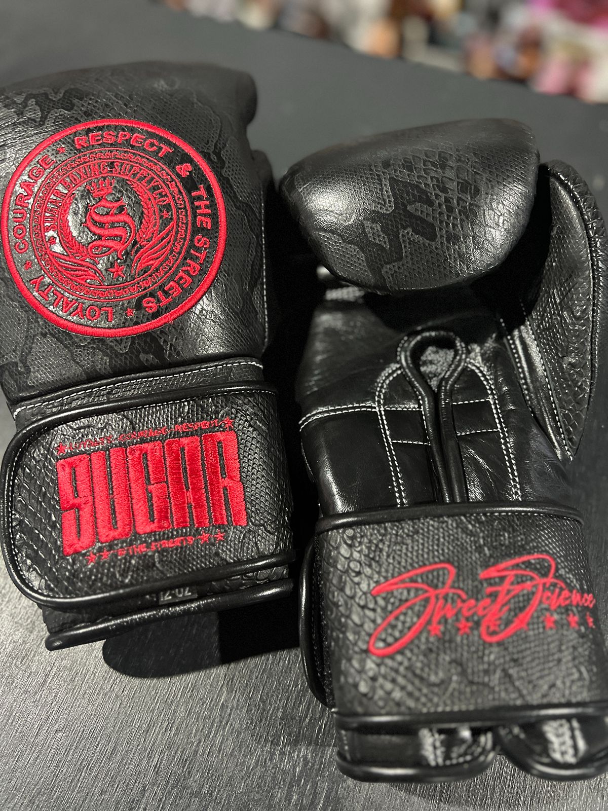 Black Snakeskin and Fire Red 12Oz Velcro Boxing Gloves