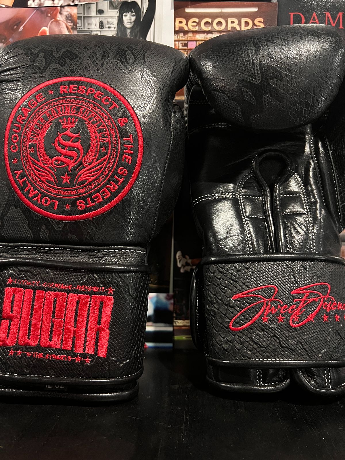 Black Snakeskin and Fire Red 12Oz Velcro Boxing Gloves