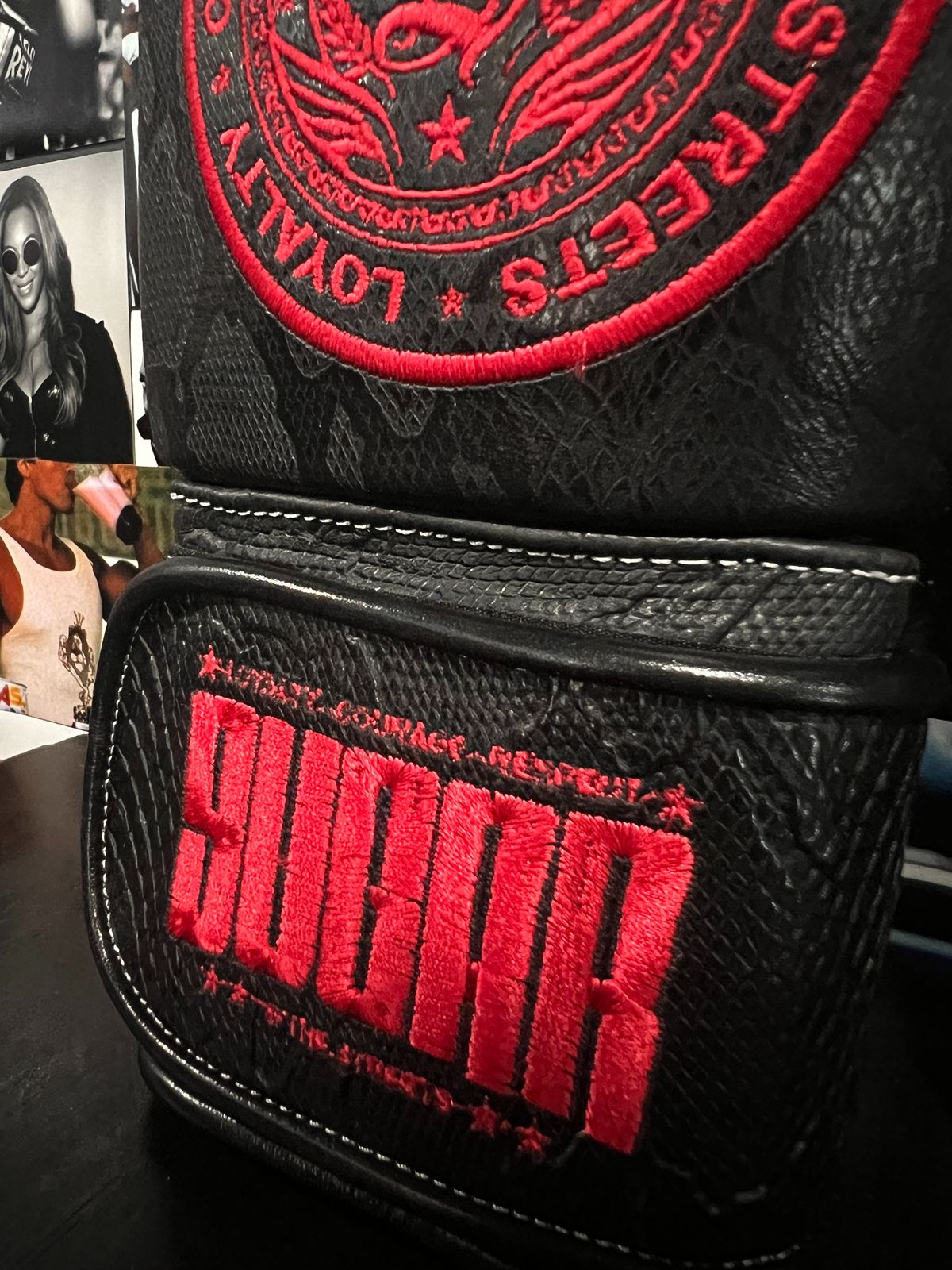 Black Snakeskin and Fire Red 12Oz Velcro Boxing Gloves