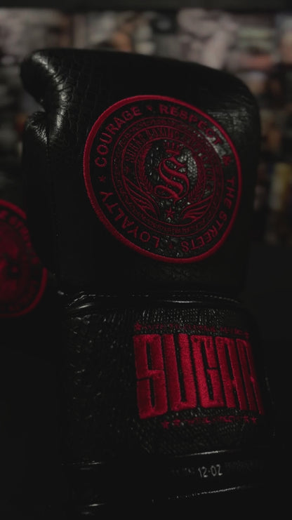 Black Snakeskin and Fire Red 12Oz Velcro Boxing Gloves
